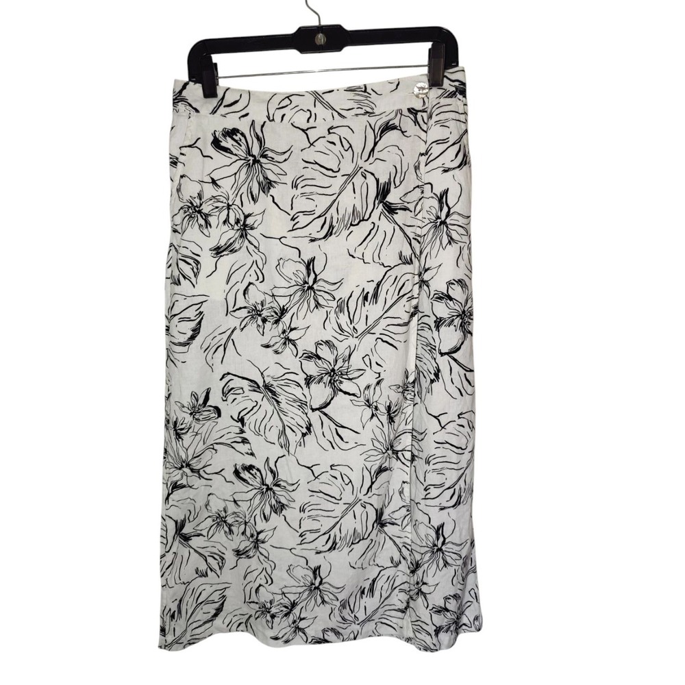 Joie White Black Floral Faux Wrap Midi Skirt Linen Blend Pull On L NWOT